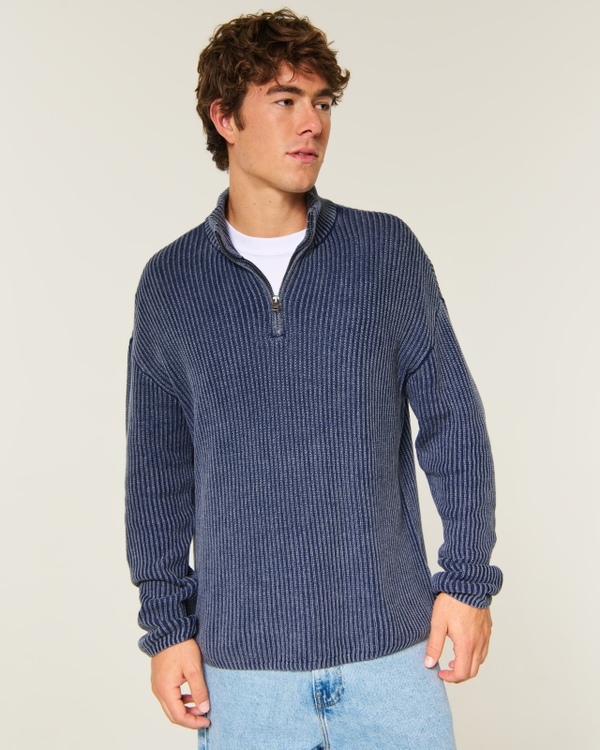 Boxy Heavyweight Washed Quarter-Zip Sweater, Navy view 1