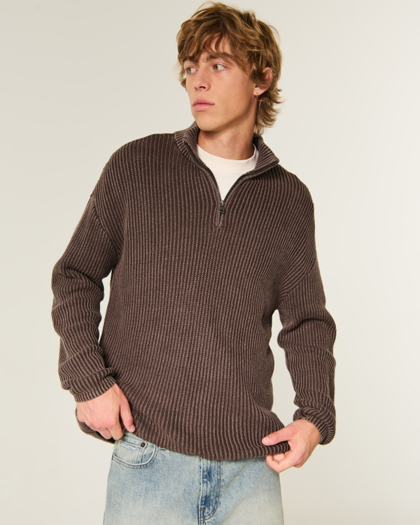 Boxy Heavyweight Washed Quarter-Zip Sweater, Dark Brown view 1