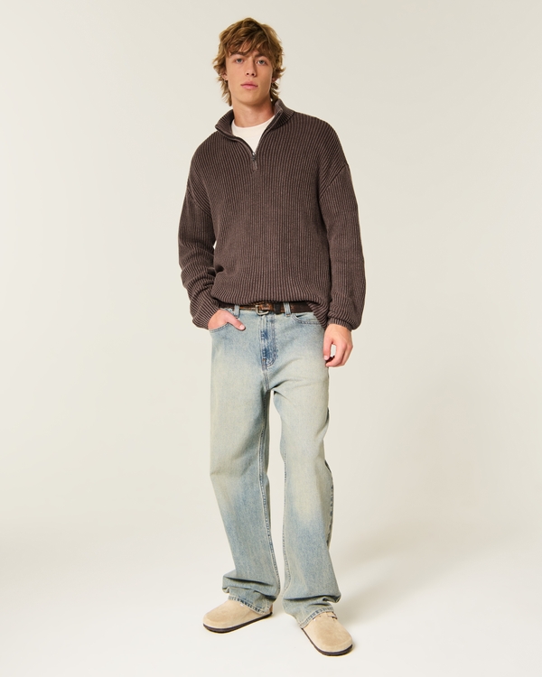 Boxy Heavyweight Washed Quarter-Zip Sweater, Dark Brown view 2