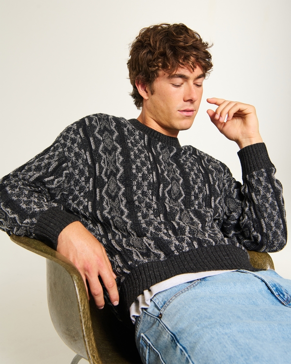 Boxy Pattern Crew Sweater, Black Stripe view 1