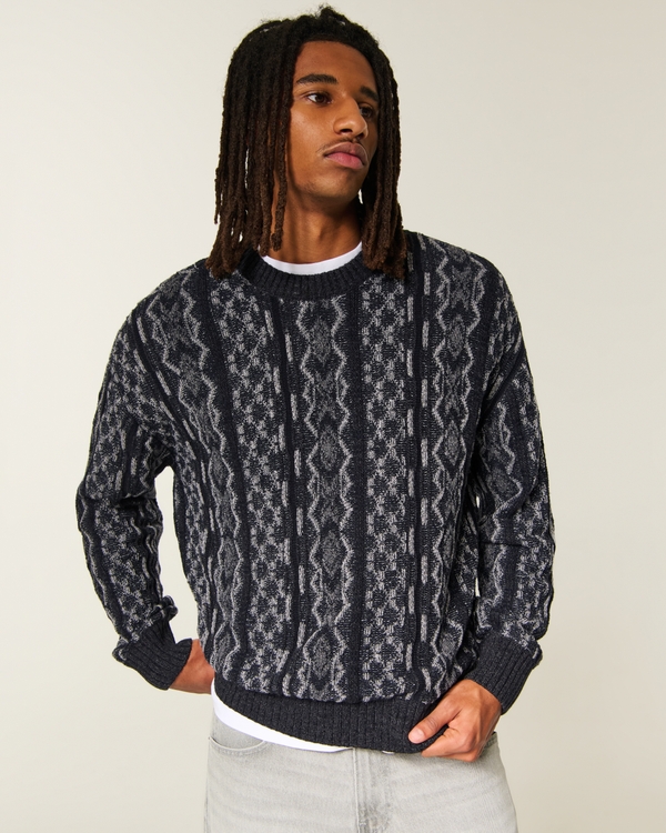 Boxy Pattern Crew Sweater, Black Stripe view 2