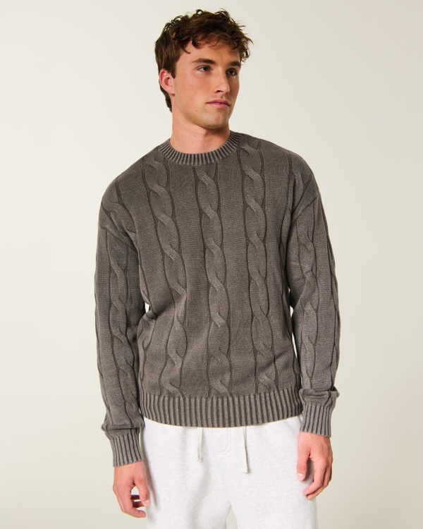 Boxy Washed Cable-Knit Crew Sweater, Dark Olive view 1