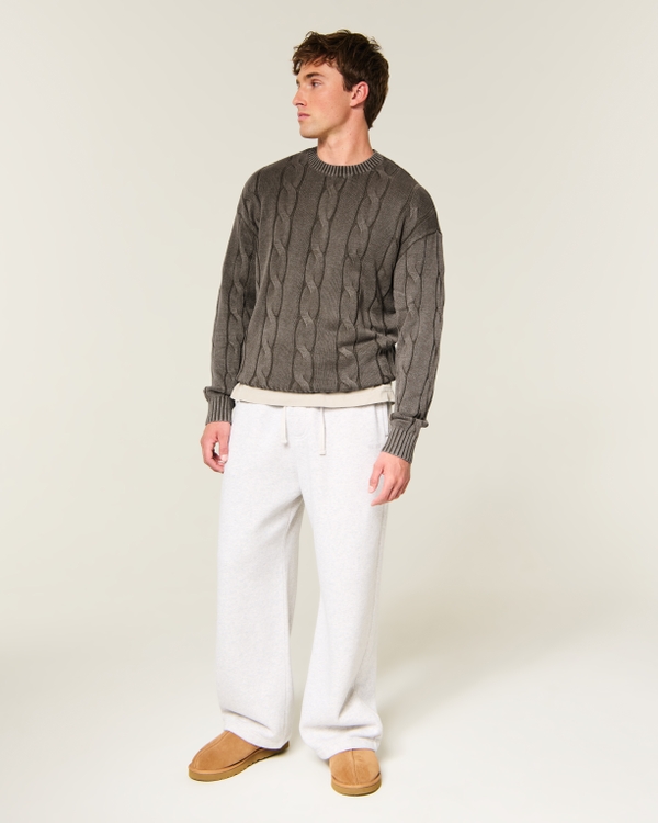 Boxy Washed Cable-Knit Crew Sweater, Dark Olive view 2