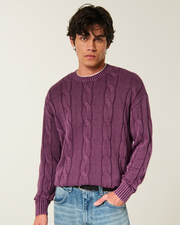Boxy Washed Cable-Knit Crew Sweater, Deep Purple view 1