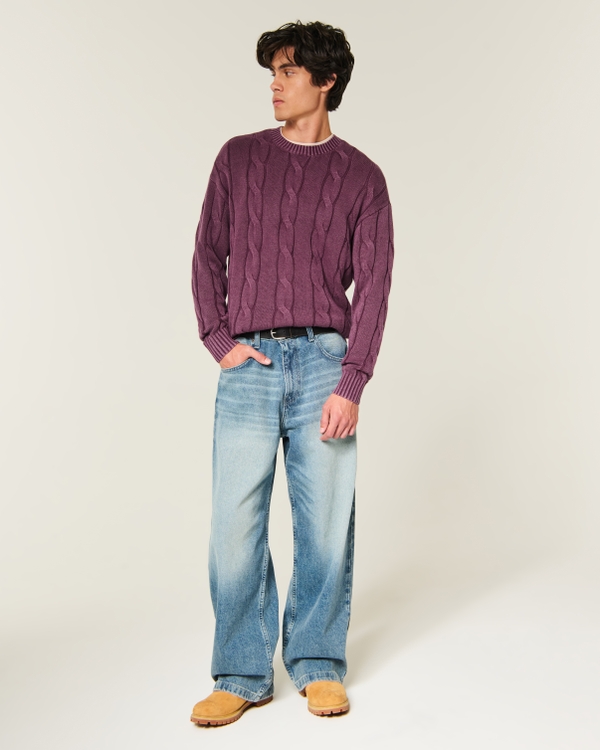 Boxy Washed Cable-Knit Crew Sweater, Deep Purple view 2