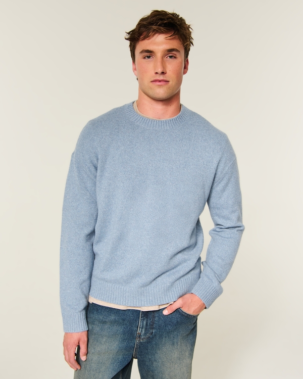 Boxy Textural Crew Sweater, Light Heather Blue view 2