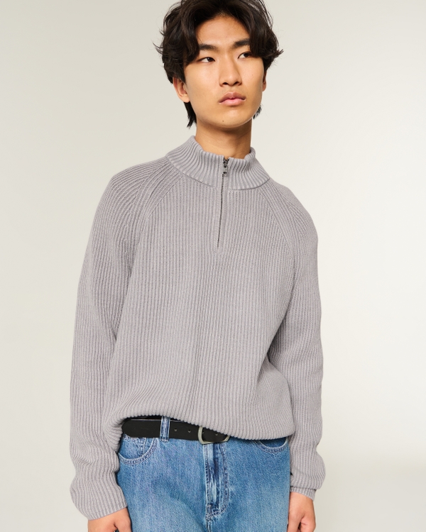 Boxy Washed Quarter-Zip Sweater, Washed Gray view 1