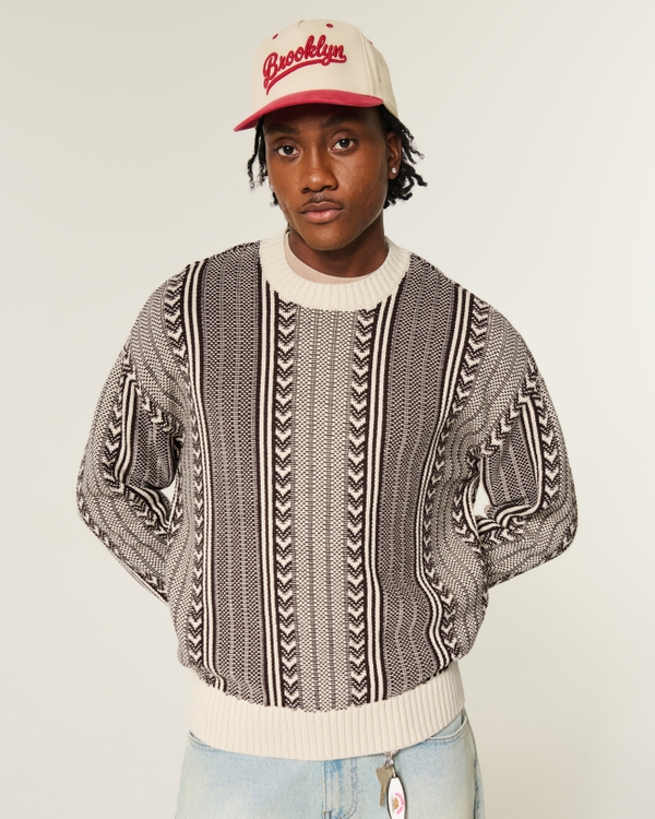 Boxy Pattern Crew Sweater, Cream Stripe view 1