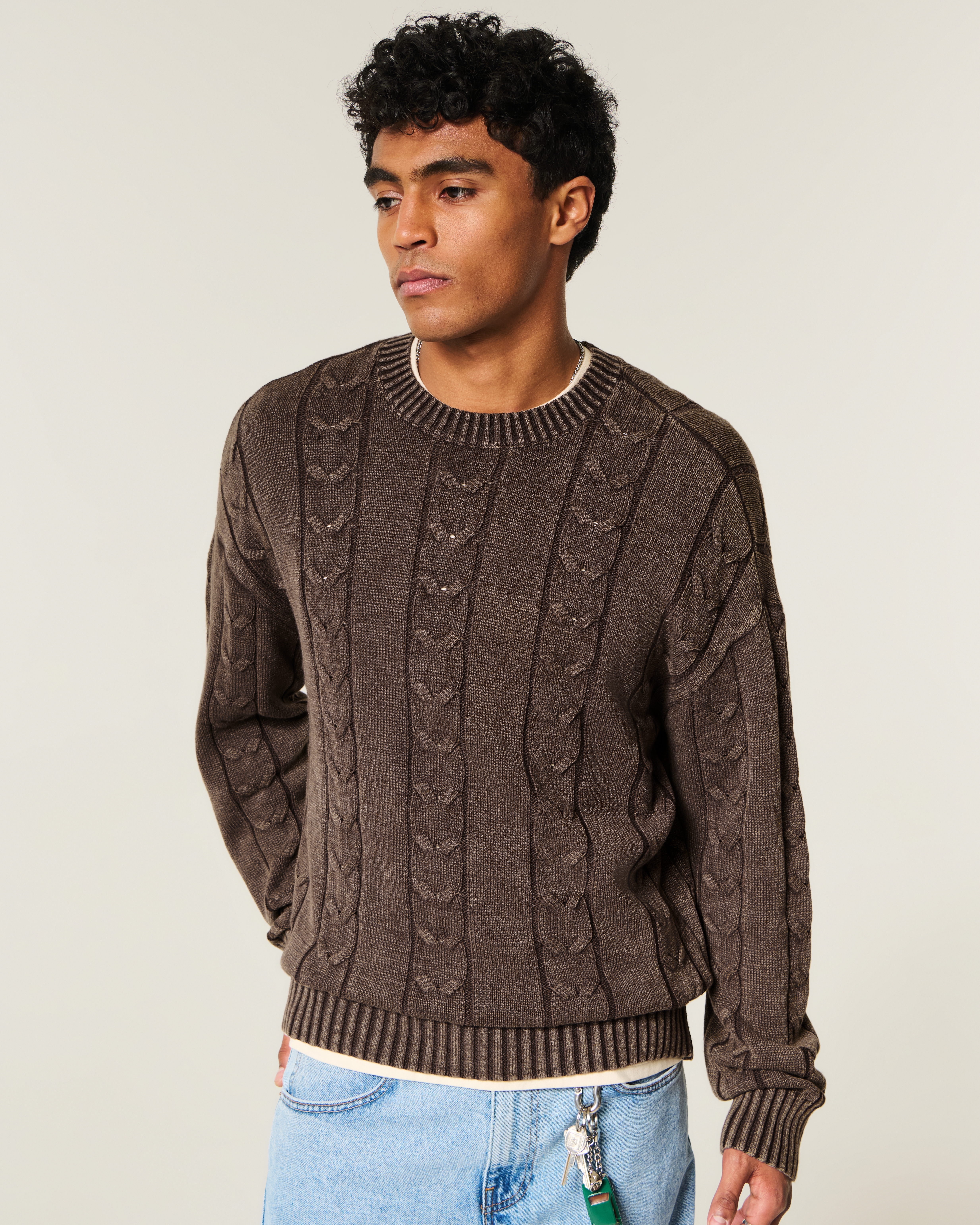 Boxy Washed Cable-Knit Crew Sweater