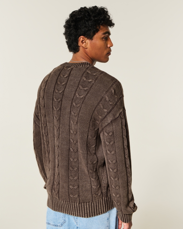 Boxy Washed Cable-Knit Crew Sweater, Washed Brown view 2