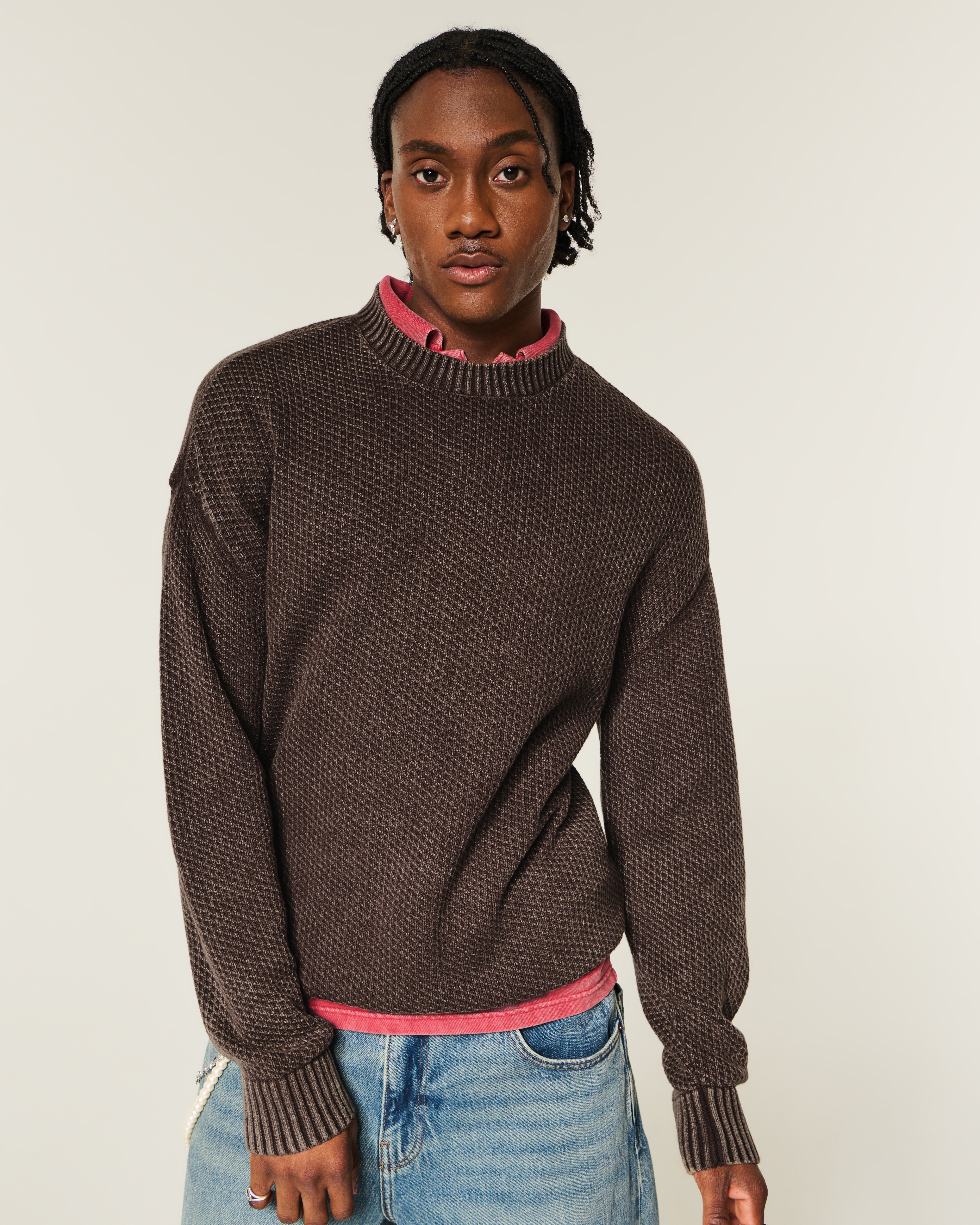 Boxy Washed Waffle Crew Sweater