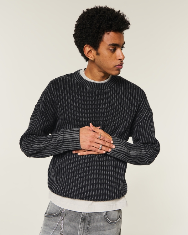 Boxy Washed Waffle Crew Sweater, Washed Light Black view 1