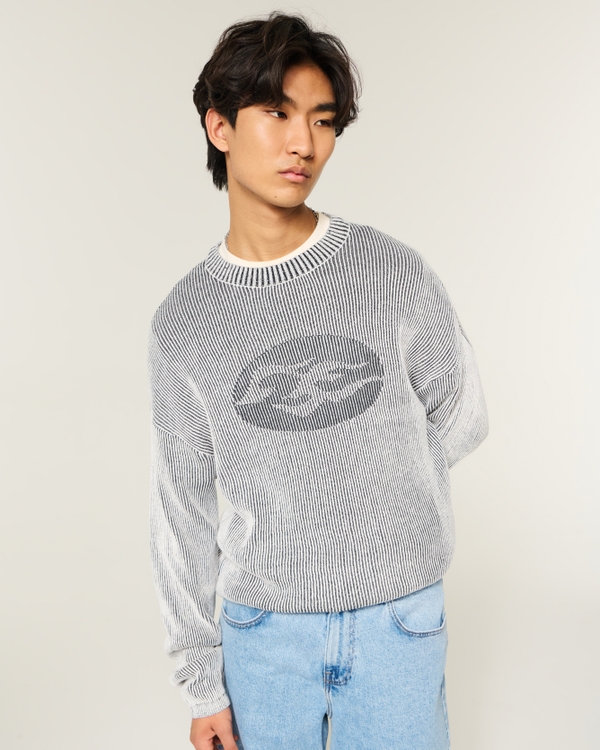 Boxy Graphic Crew Sweater, Washed Cream view 1