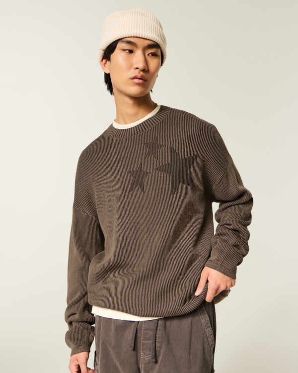 Boxy Graphic Crew Sweater, Washed Brown view 1