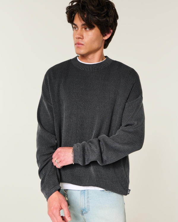 Boxy Graphic Crew Sweater, Washed Black view 1