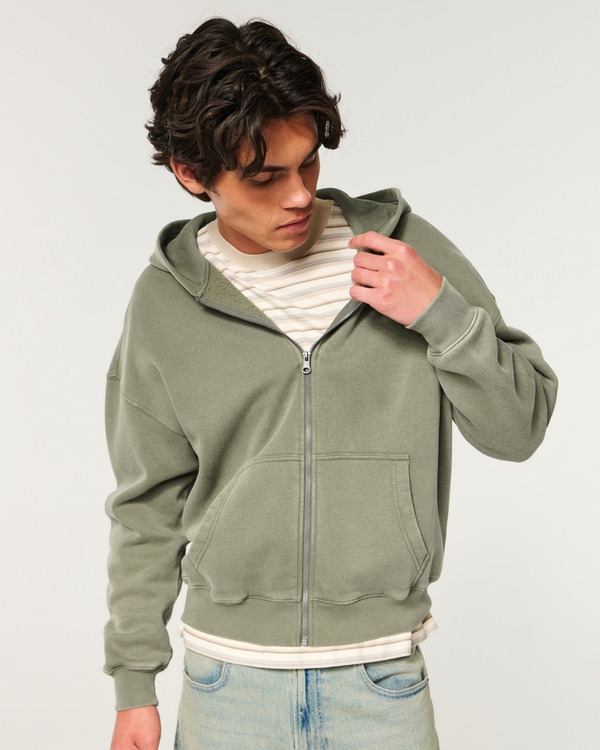 Boxy Zip-Up Hoodie, Washed Olive view 1