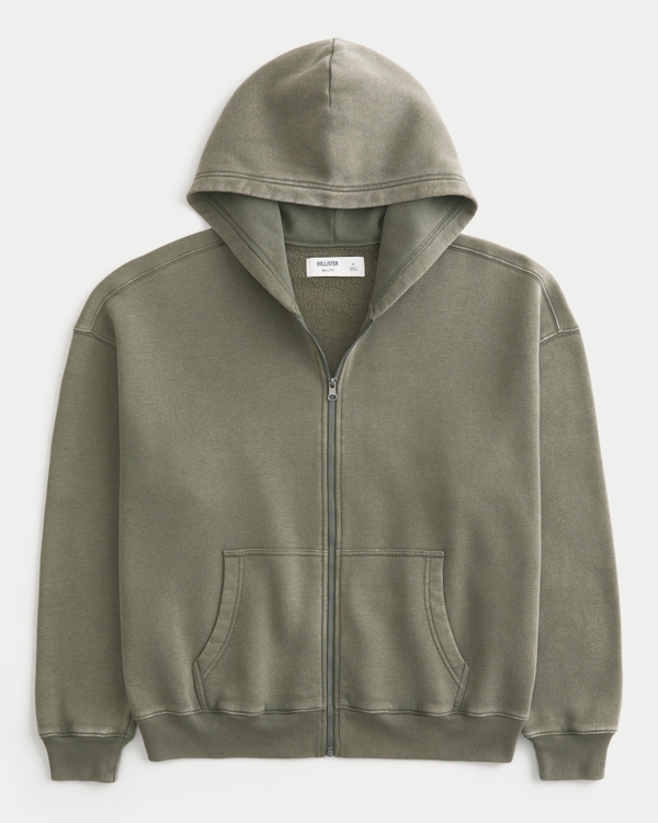 Boxy Zip-Up Hoodie, Washed Olive view 1