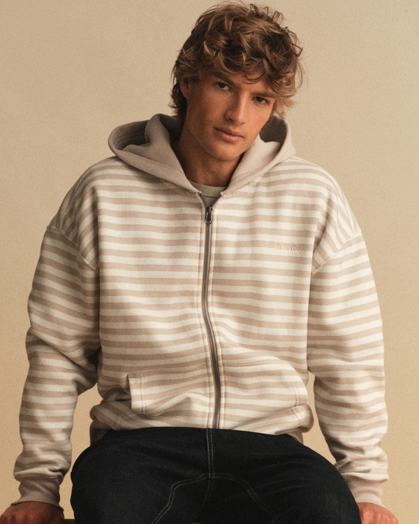 Boxy Zip-Up Logo Hoodie, Tan Stripe view 1