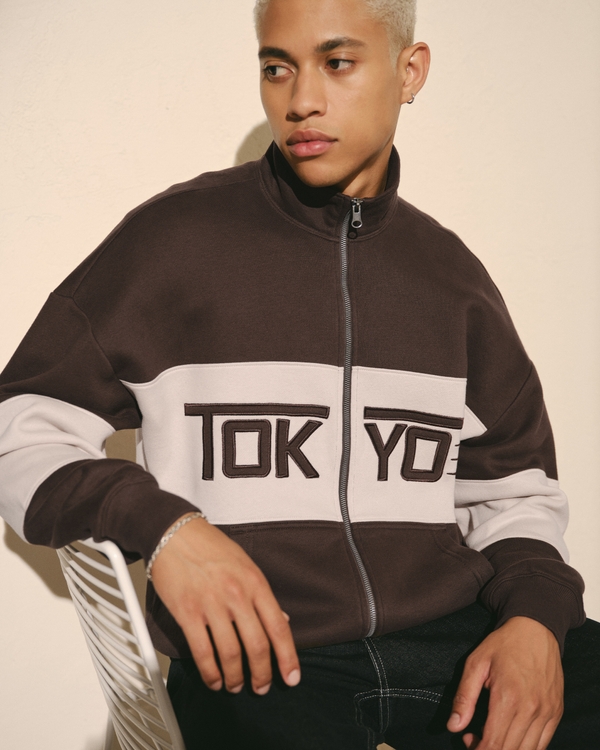 Boxy Zip-Up Tokyo Graphic Sweatshirt, Dark Brown view 1