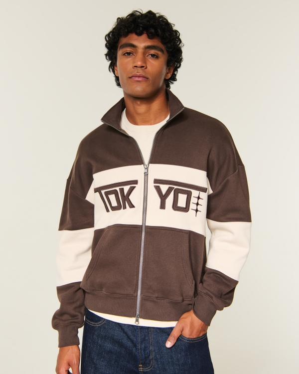 Boxy Zip-Up Tokyo Graphic Sweatshirt, Dark Brown view 2