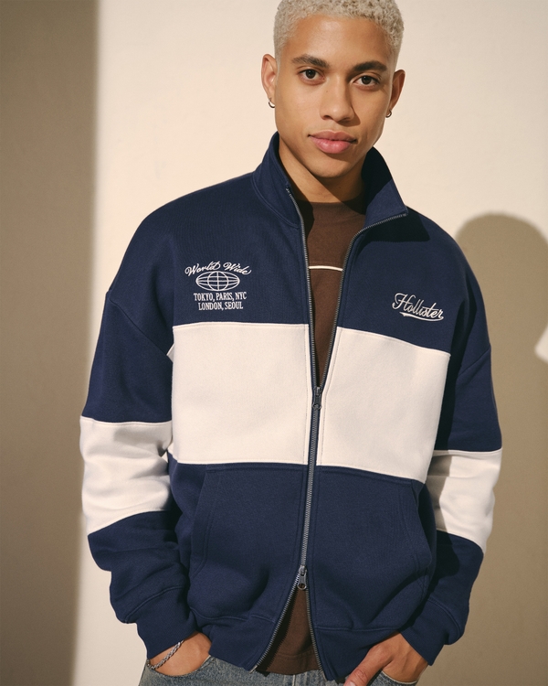 Boxy Zip-Up Logo Sweatshirt, Navy view 1