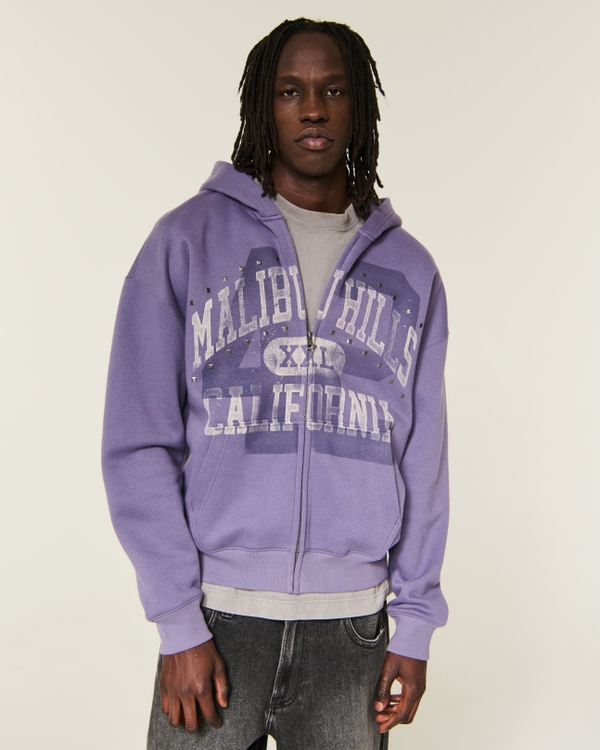 Hollister Feel Good Boxy Zip-Up Malibu Graphic Hoodie, Light Purple view 2