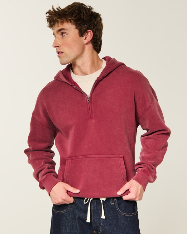 Hollister Feel Good Boxy Washed Quarter-Zip Hoodie, Deep Red view 2