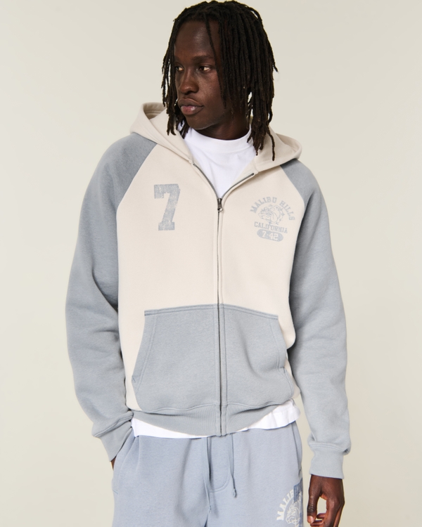 Hollister Feel Good Boxy Colorblock Zip-Up Graphic Hoodie, Cream And Slate view 2