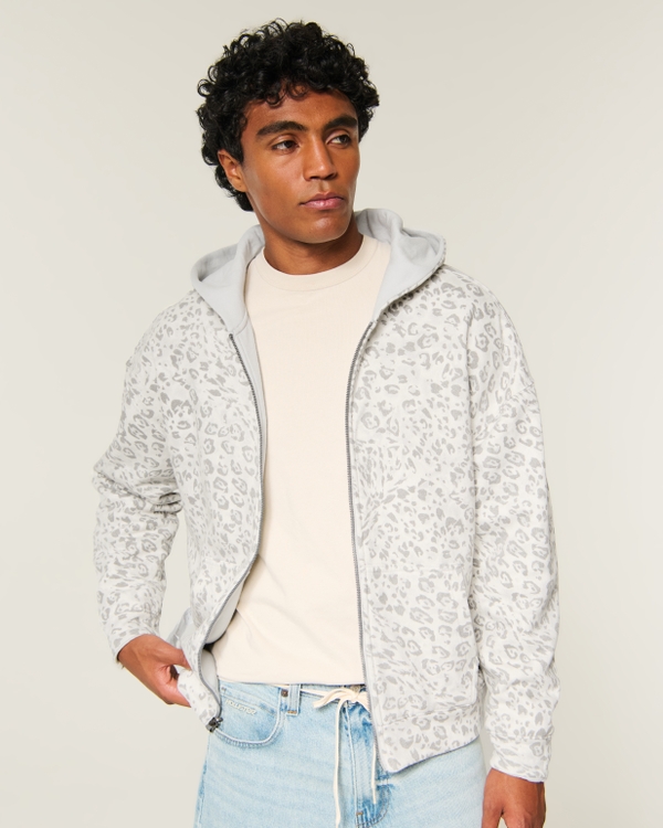 Boxy Reversible Zip-Up Hoodie, Light Gray - Light Gray Print view 1