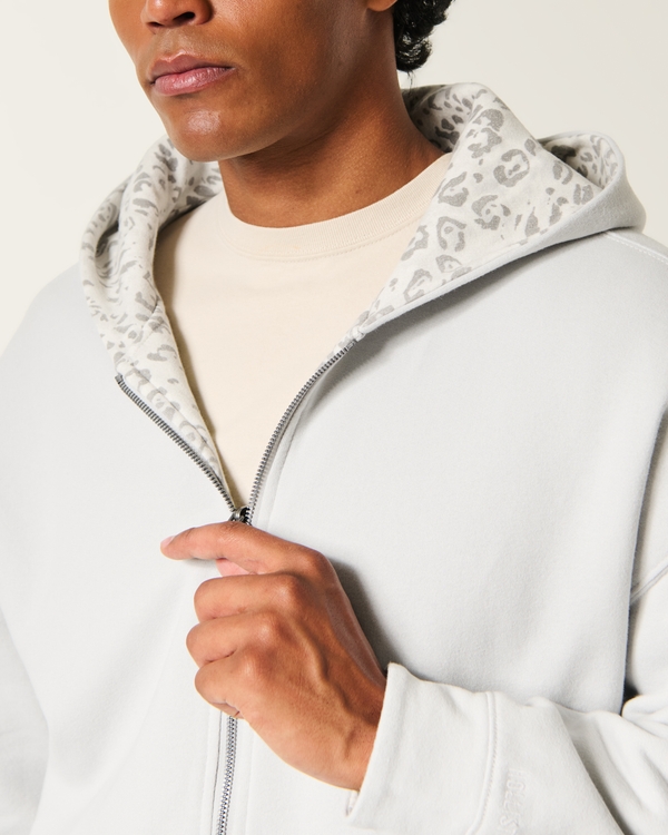 Boxy Reversible Zip-Up Hoodie, Light Gray W/ Sleeve Logo - Light Gray Print view 2