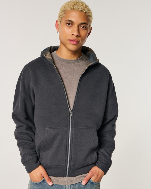 Boxy Reversible Zip-Up Hoodie, Charcoal - Navy Plaid view 1
