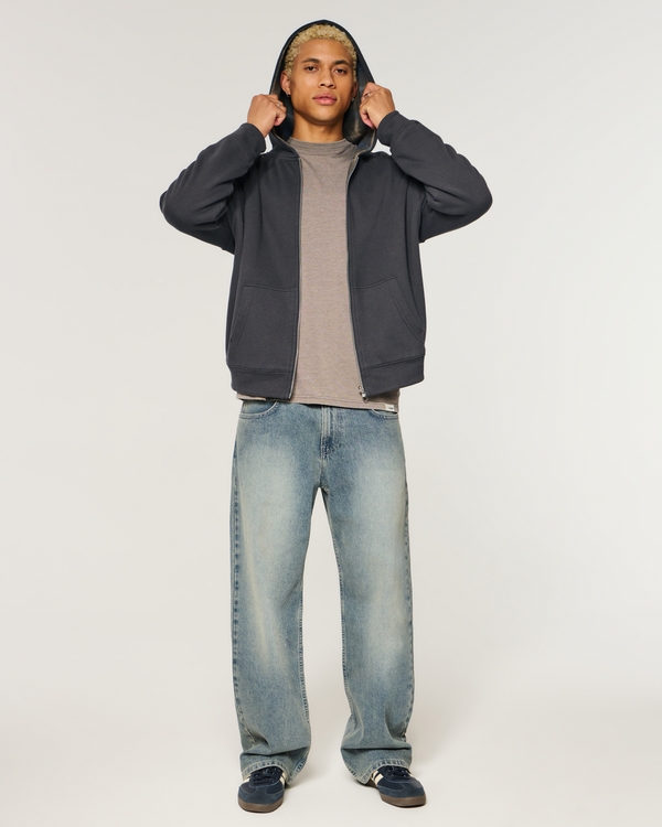 Boxy Reversible Zip-Up Hoodie, Charcoal - Navy Plaid view 2