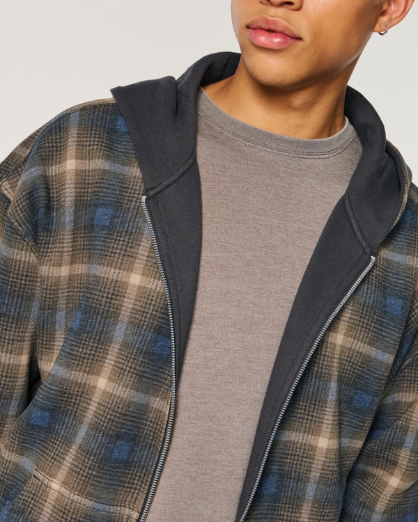 Boxy Reversible Zip-Up Hoodie, Charcoal W/ Sleeve Logo - Navy Plaid view 2