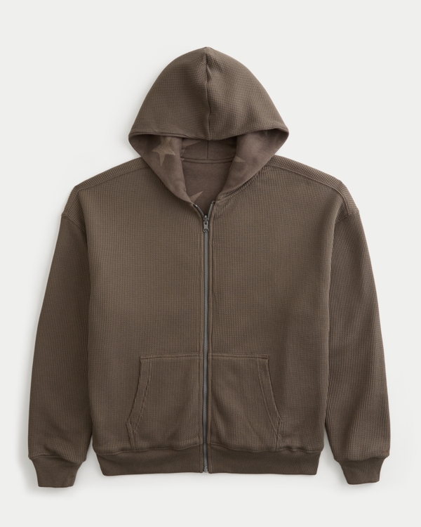Reversible Waffle-Lined Zip-Up Hoodie, Brown view 2