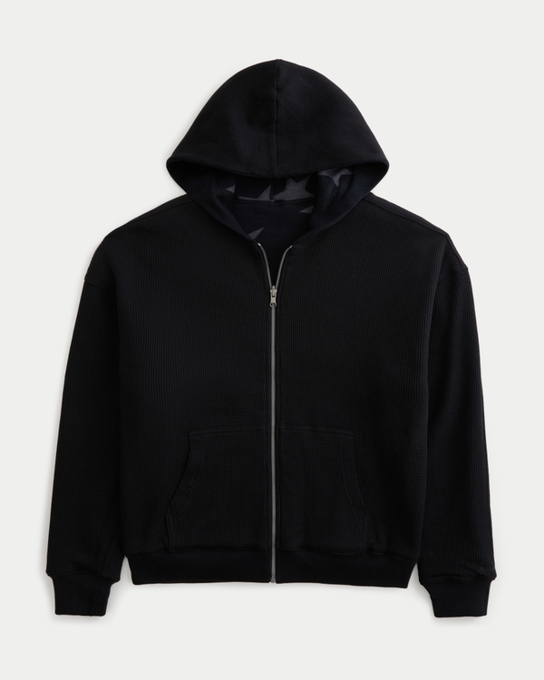 Reversible Waffle-Lined Zip-Up Hoodie, Black view 2