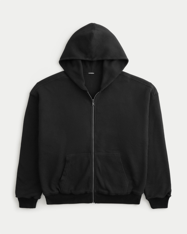 Reversible Waffle-Lined Zip-Up Hoodie, Charcoal view 1