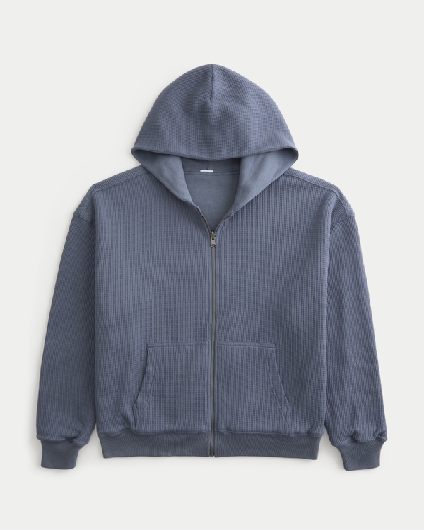 Reversible Waffle-Lined Zip-Up Hoodie, Dark Blue view 1