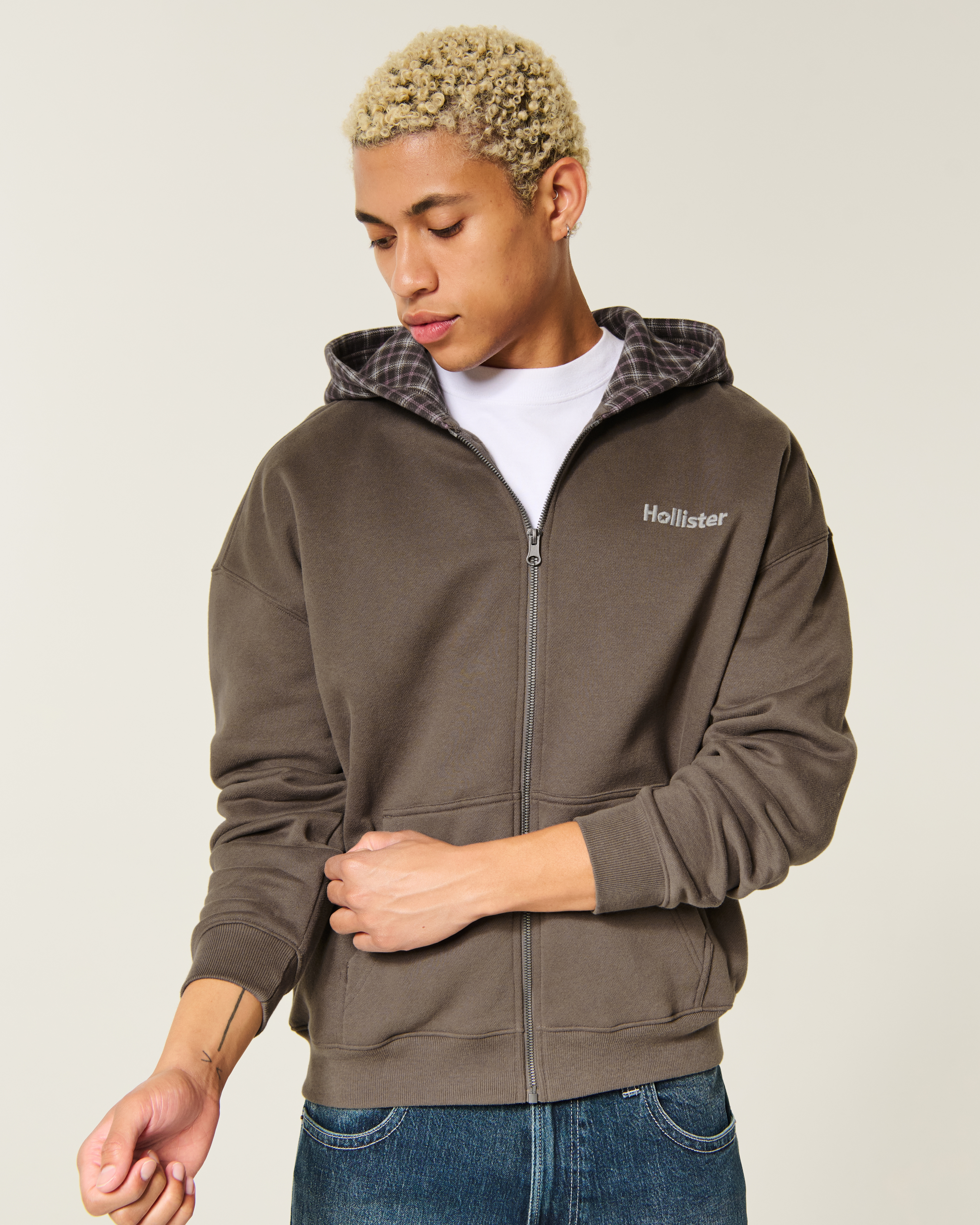 Boxy Plaid Hood Zip-Up Hoodie