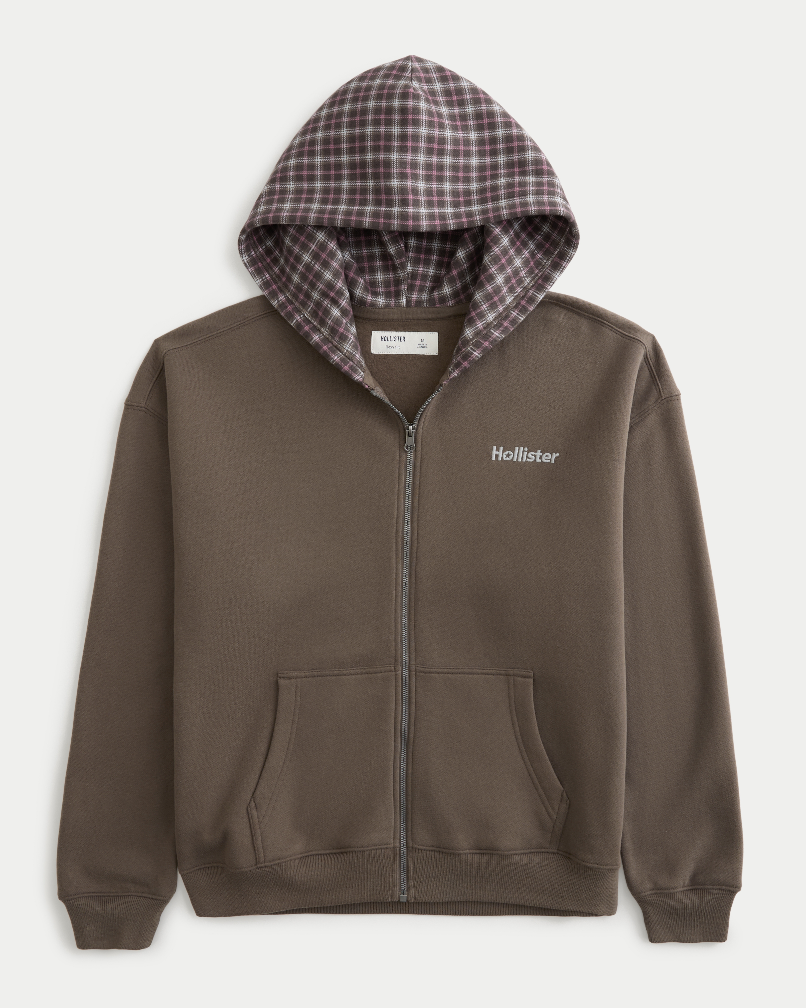 Boxy Plaid Hood Zip-Up Hoodie