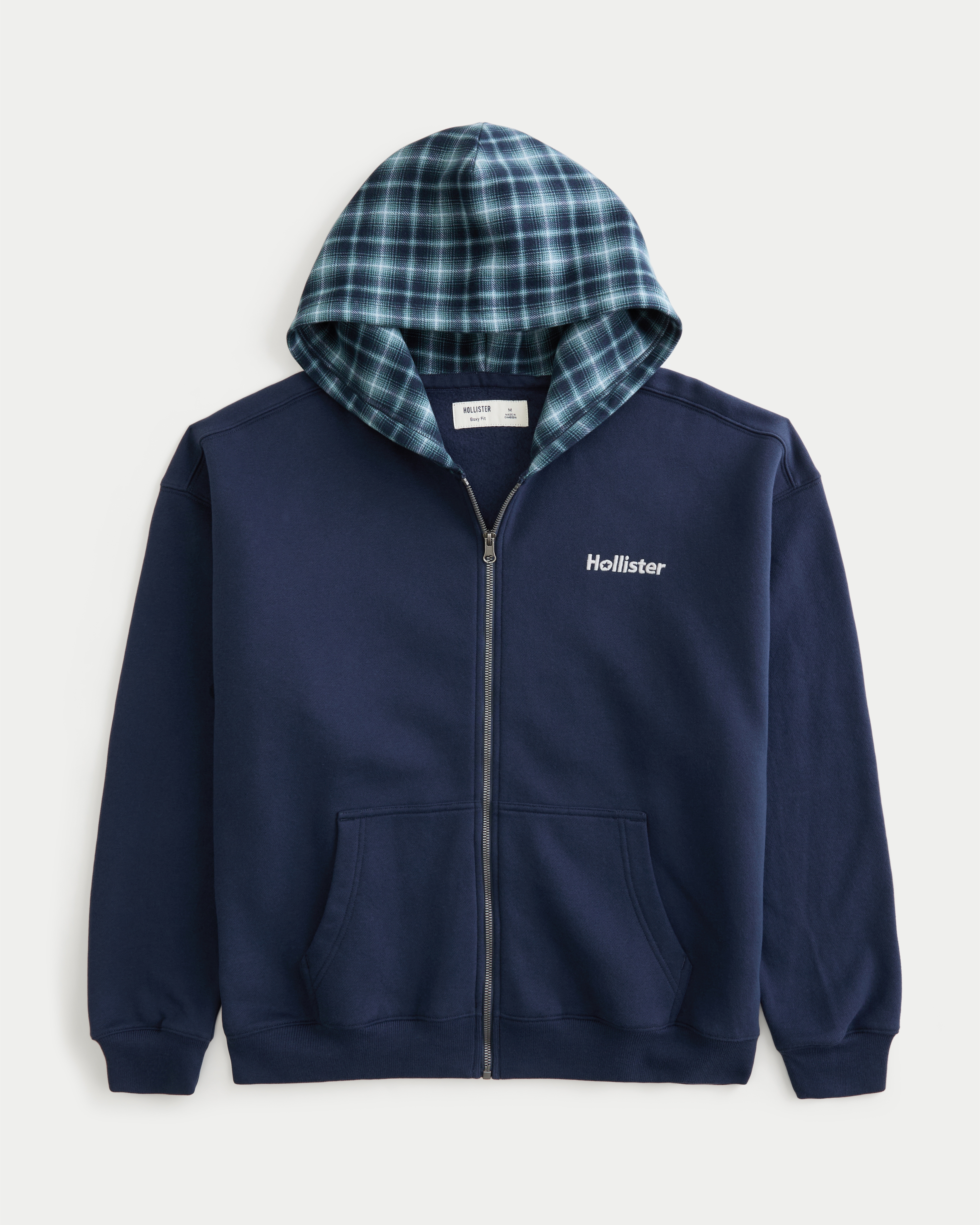 Boxy Plaid Hood Zip-Up Hoodie