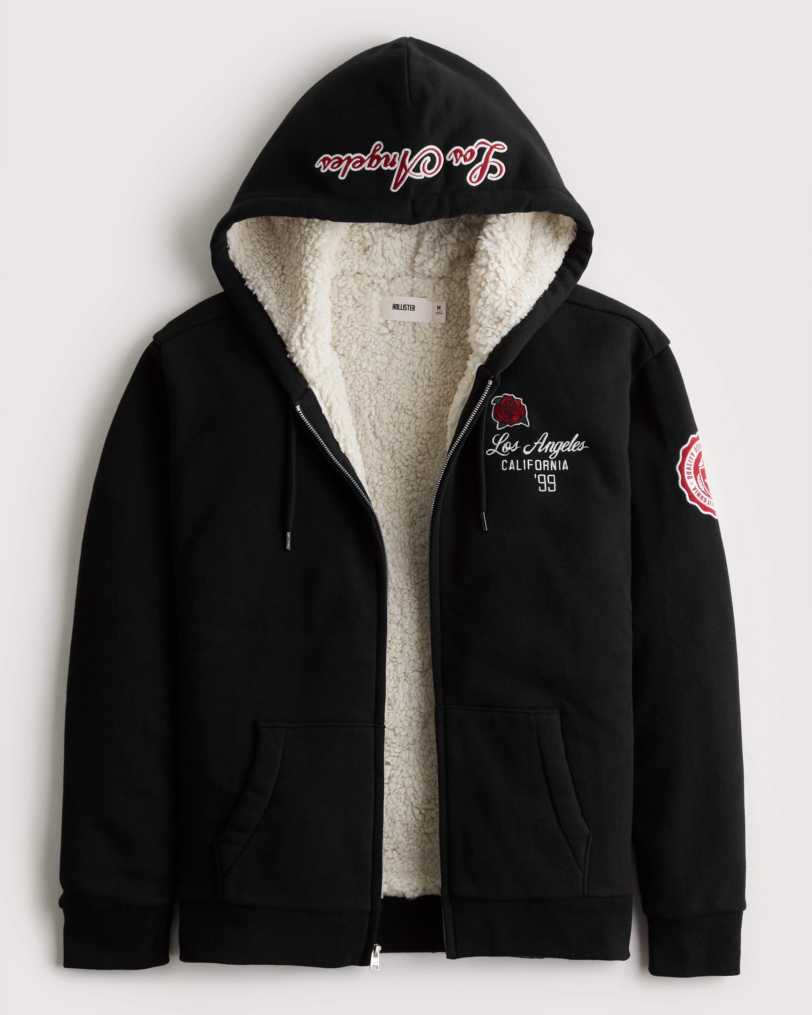 Hollister Sherpa-Lined Embroidered Graphic Full-Zip Hoodie