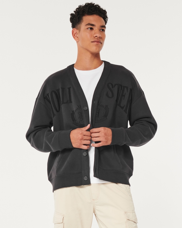 Relaxed Fleece Logo Cardigan, Black