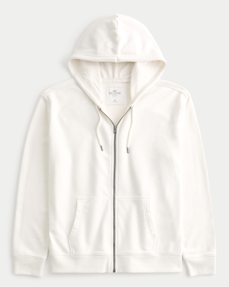 Men's Relaxed Terry Fleece Zip-Up Hoodie in Off White Size S from Hollister