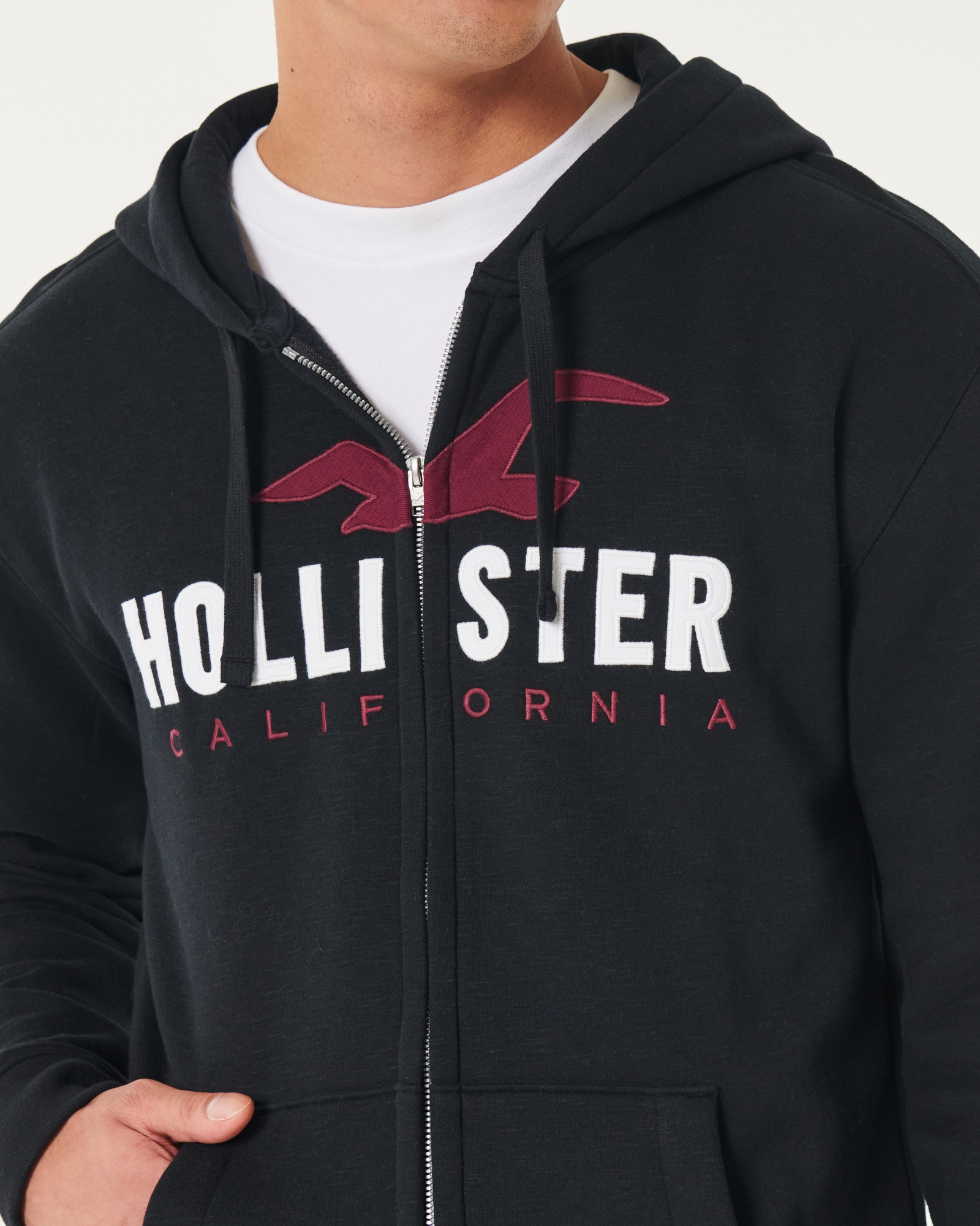 Hollister Men's Light Gray Navy Logo Full Zip Zipper Hoodie Sweatshirt S M  L XL