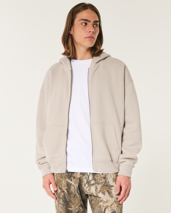 Boxy Zip-Up Hoodie, Cream