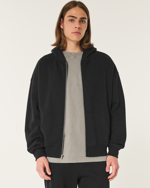 Boxy Zip-Up Hoodie, Black