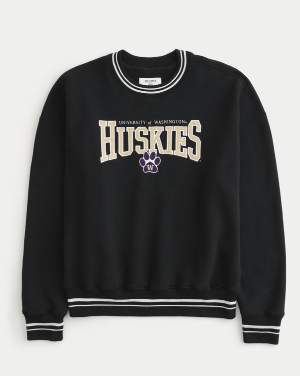 Boxy University of Washington Huskies Graphic Crew Sweatshirt, Black - Uw