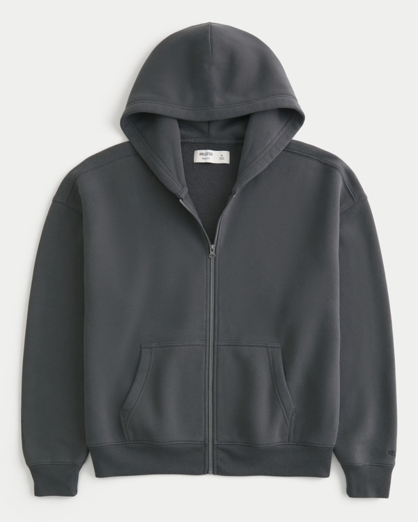 Boxy Zip-Up Hoodie, Dark Grey