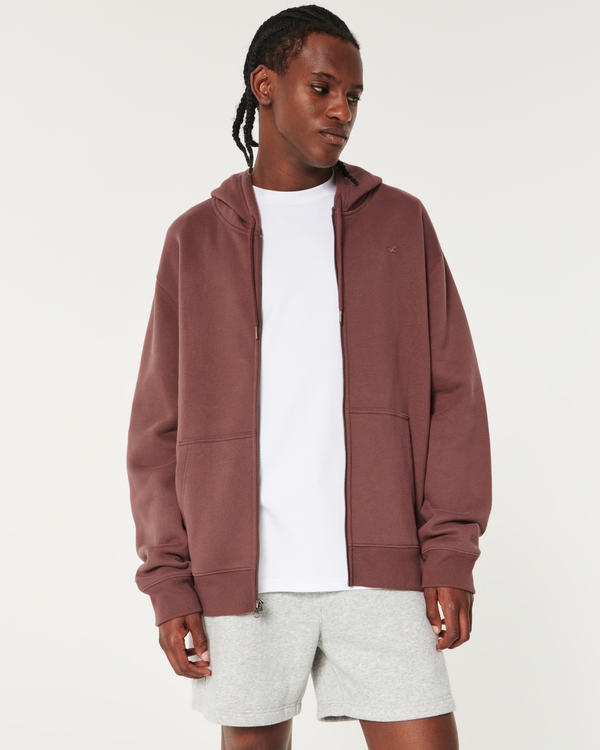 Relaxed Zip-Up Icon Hoodie, Maroon