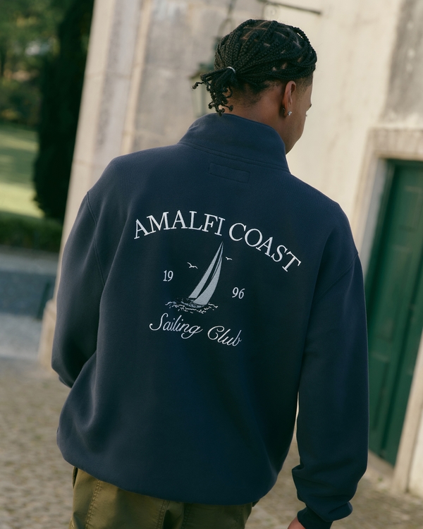 Relaxed Amalfi Coast Graphic Half-Zip Sweatshirt, Navy Blue
